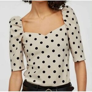 HM Womens Polka Dot Puff Sleeve Top Cream Black Sweetheart Neck Blouse US‎ XS